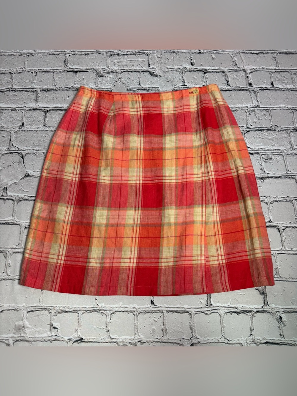 Vtg NWOT 100% Linen Jones New York Red & Orange Plaid Wrap Button Skirt Size 12